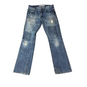 Express Rocco Jeans Mens 32x34 Blue Denim Slim Fit Boot Cut‎ Distressed Patches